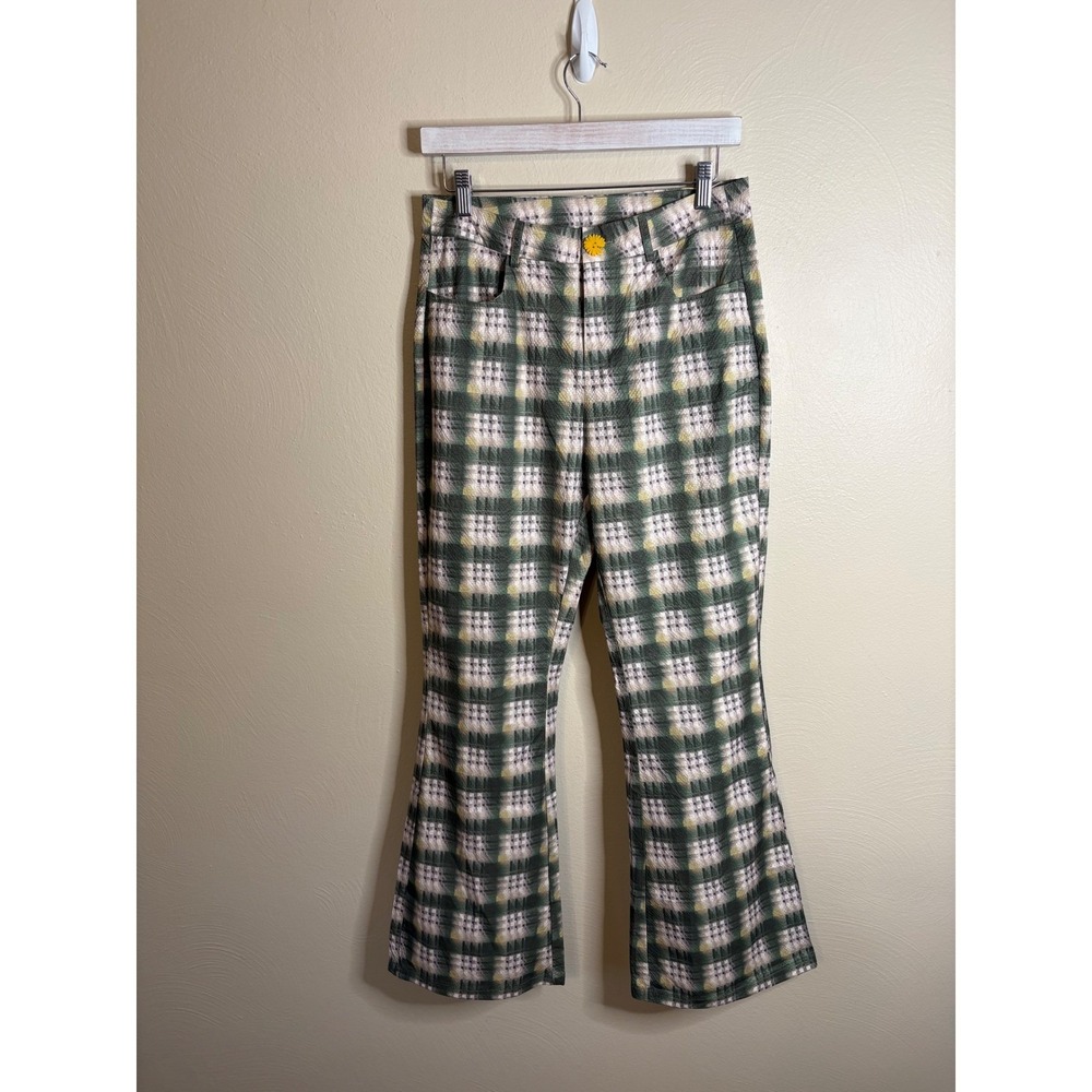 Cider Plaid Flare Pants Women Size M Green Yellow Daisy Button Retro 70s Style - Picture 2 of 14